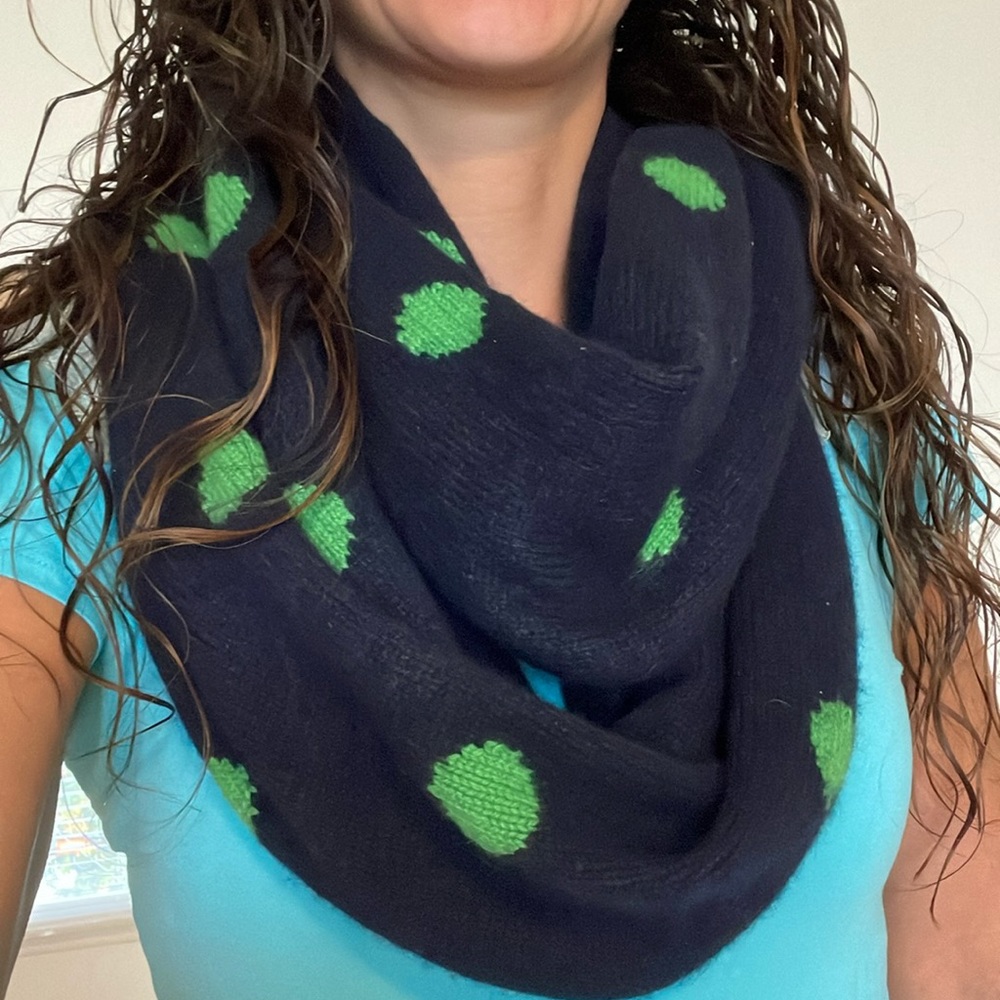 🧣JCrew Wool Rabbit Hair, Infinity, Navy Green Polkadot Scarf